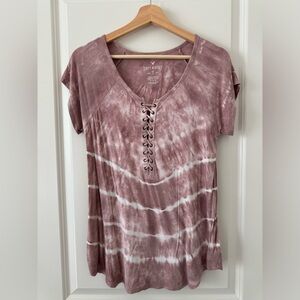 American Eagle Outfitters Soft & Sexy Rib Tie Dye Lace Up Short Sleeve Shirt - M
